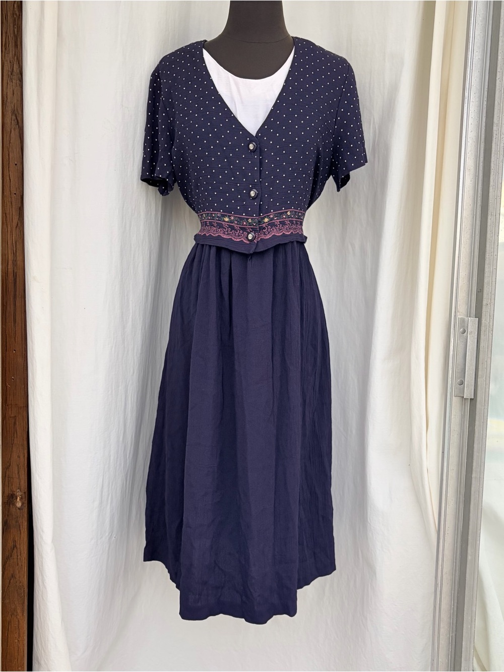 Vintage Allison-Che 90s Navy Floral Maxi Dress w/ Back Tie, Cottagecore Coquette